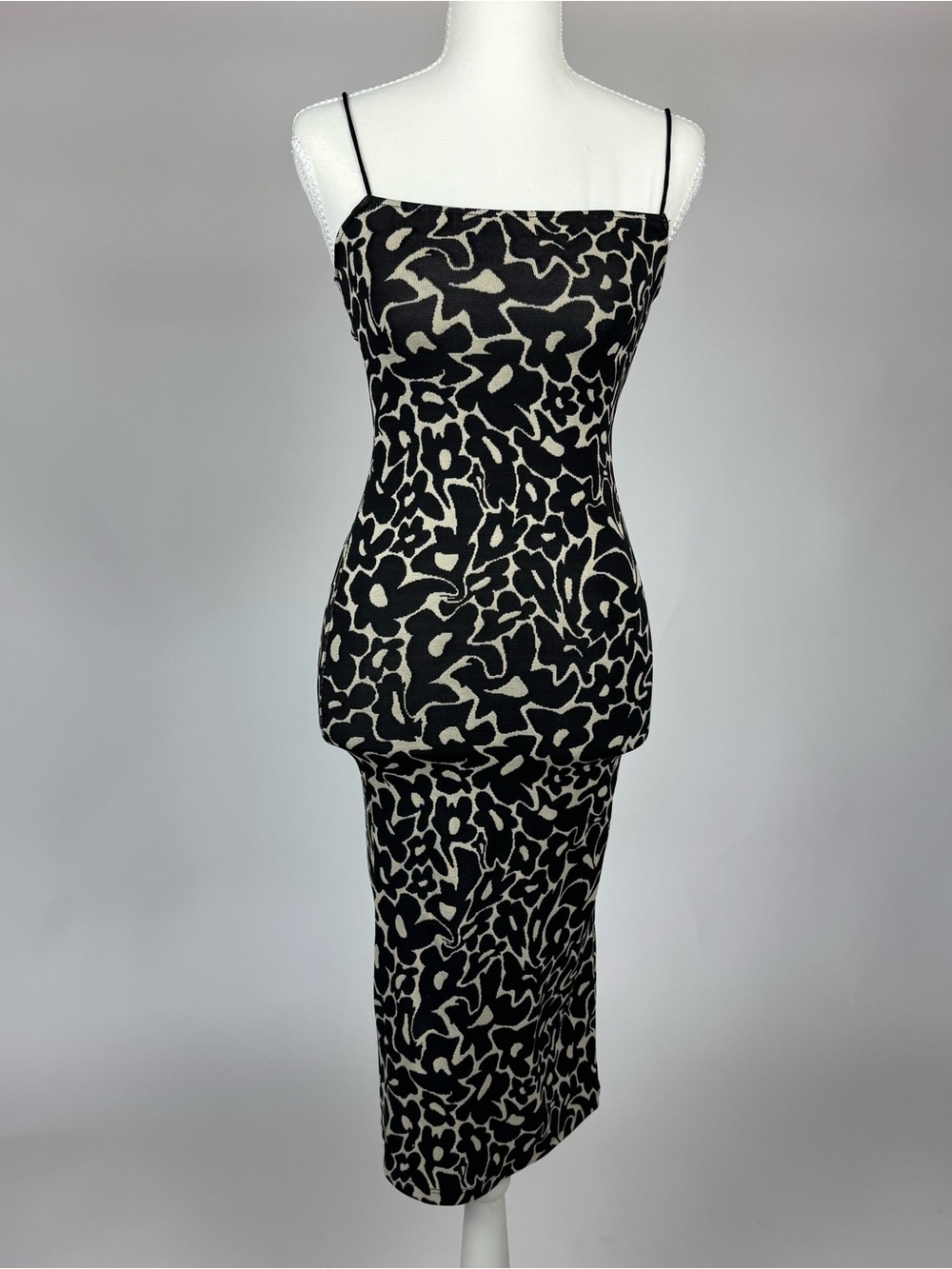 Zara Black and Cream Patterned Spaghetti-Strap Midi Dress